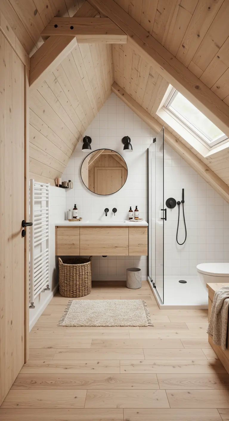 Baño abuhardillado con techo y suelo de madera, azulejos blancos y detalles en negro.