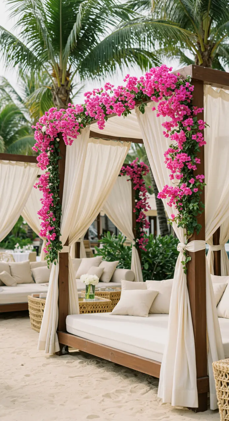 Cama balinesa en la playa con cortinas blancas y un arco de buganvillas.