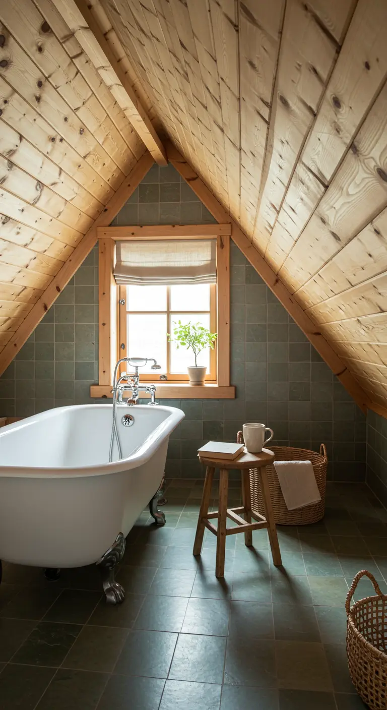Baño en un ático con techo de madera inclinado, bañera con patas y azulejos verdes.