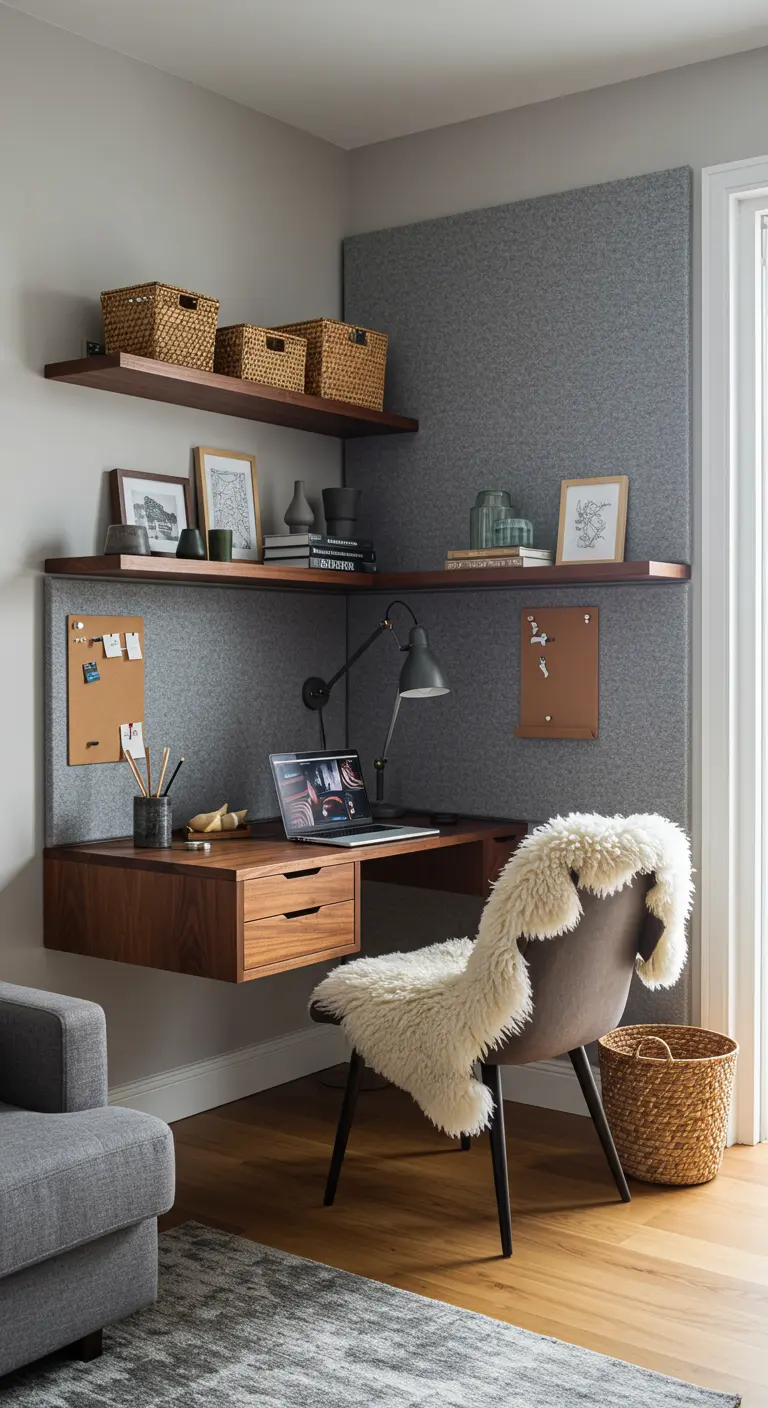 Rincón de trabajo moderno y acogedor con panel de fieltro gris, escritorio de madera y silla con manta.