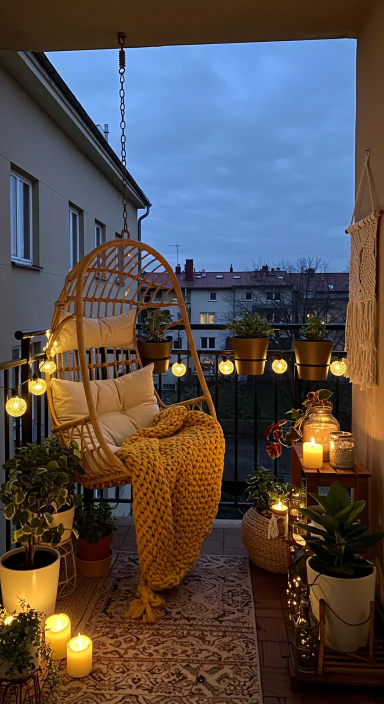 Balcón acogedor de noche con silla colgante, manta amarilla y luces cálidas.