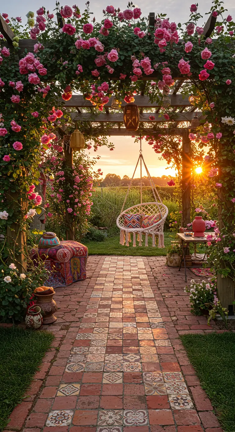 Patio bohemio con pérgola de rosas, camino de ladrillo y azulejos, y una silla colgante.
