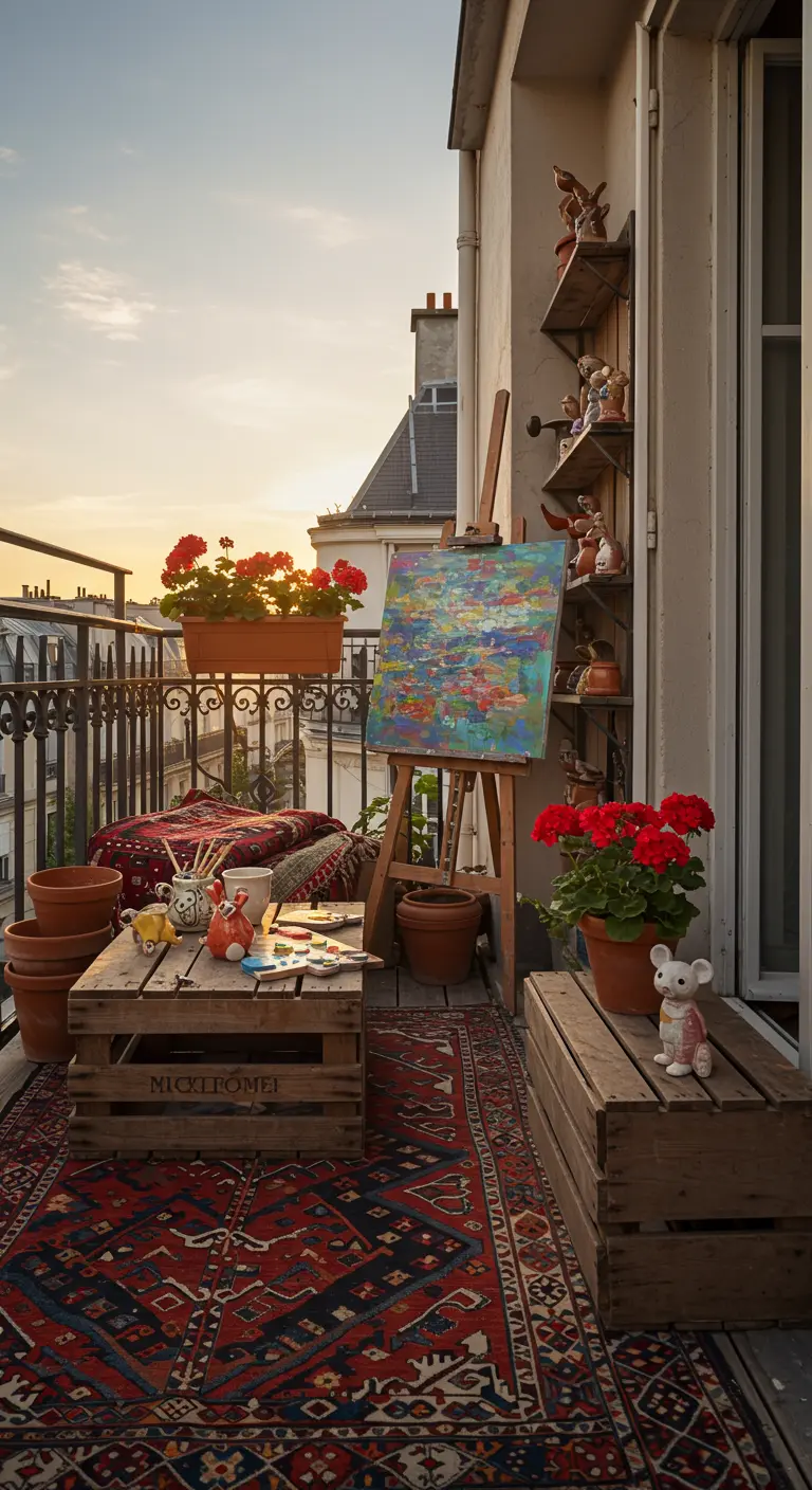 Balcón bohemio al atardecer con un caballete, muebles de cajas de madera y alfombras étnicas.