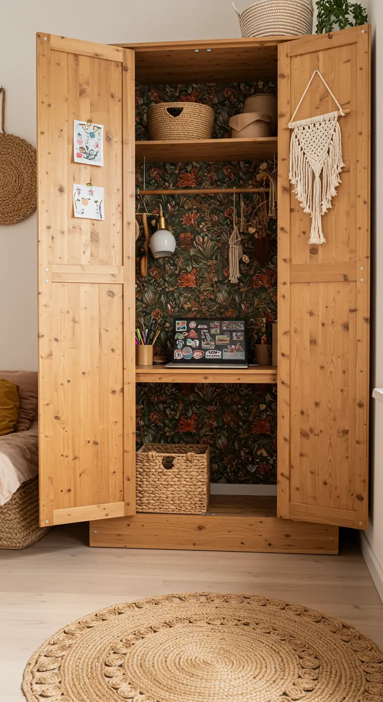 Armario de pino abierto con un llamativo papel pintado floral en el interior y decoración boho.