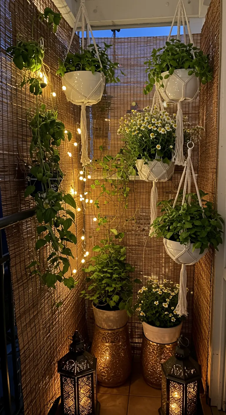 Rincón de balcón bohemio con maceteros colgantes de macramé, guirnaldas de luces y farolillos.