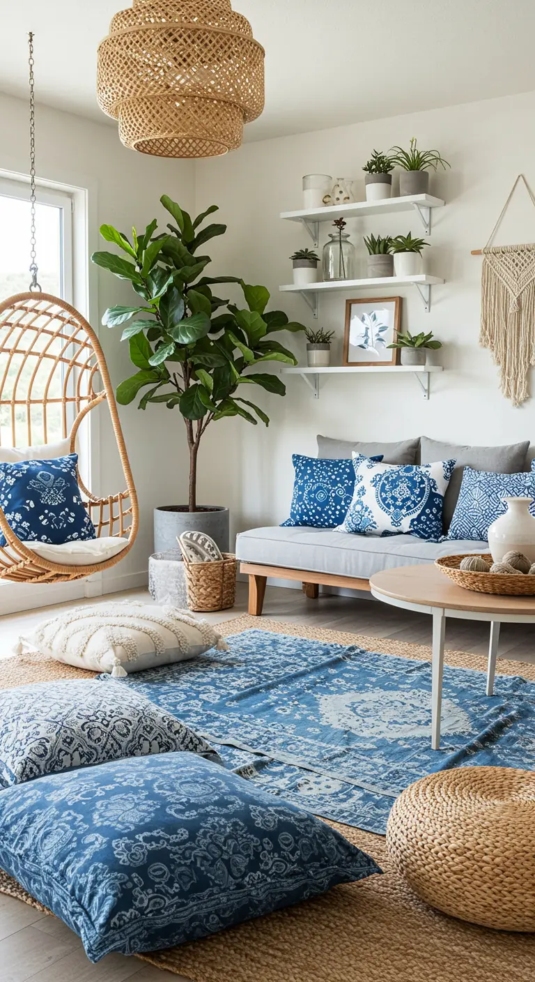 Sala de estar boho-costera con silla colgante, cojines de suelo y muchas plantas