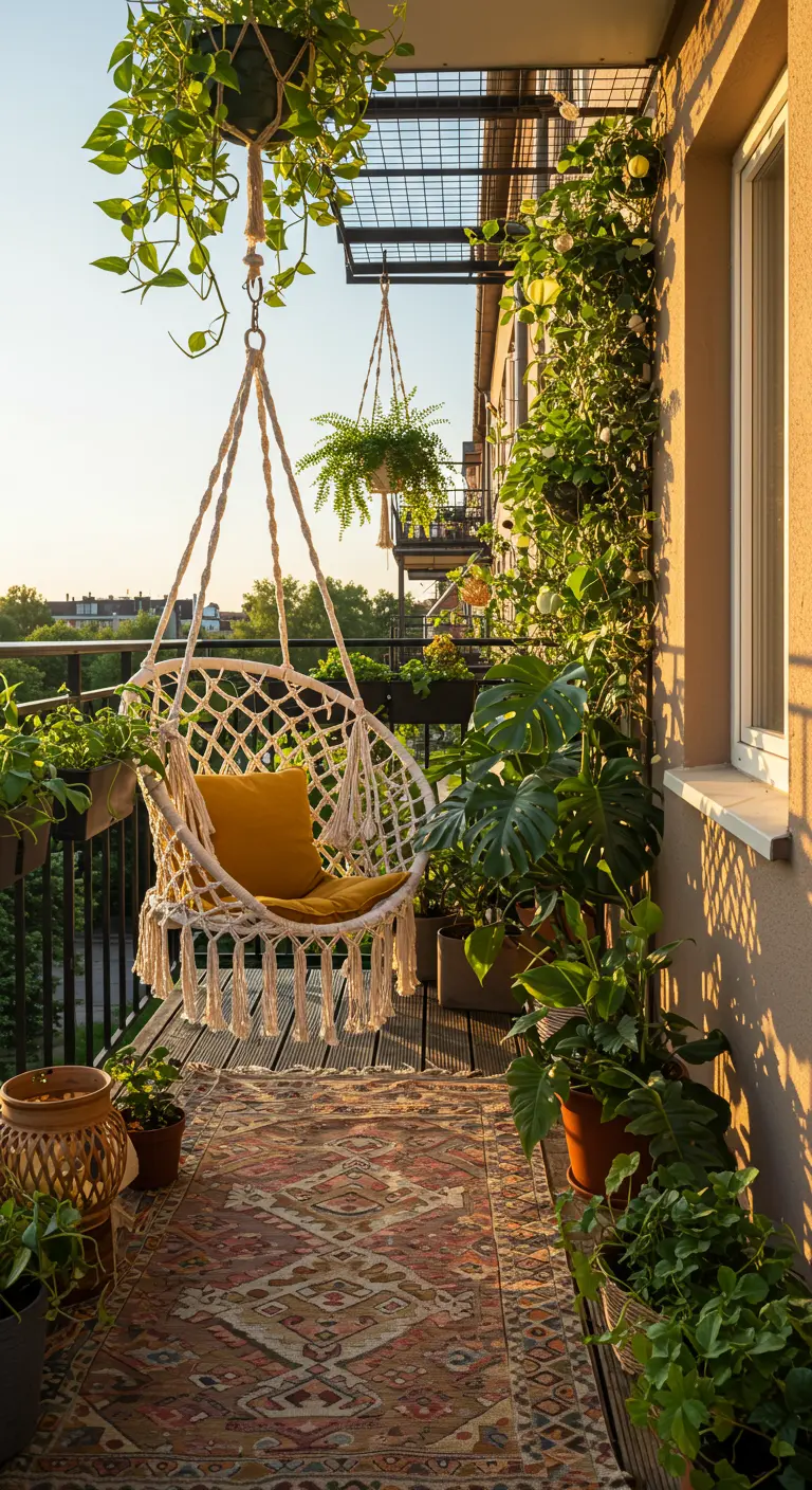 Balcón bohemio con silla colgante de macramé, plantas y alfombra étnica al atardecer