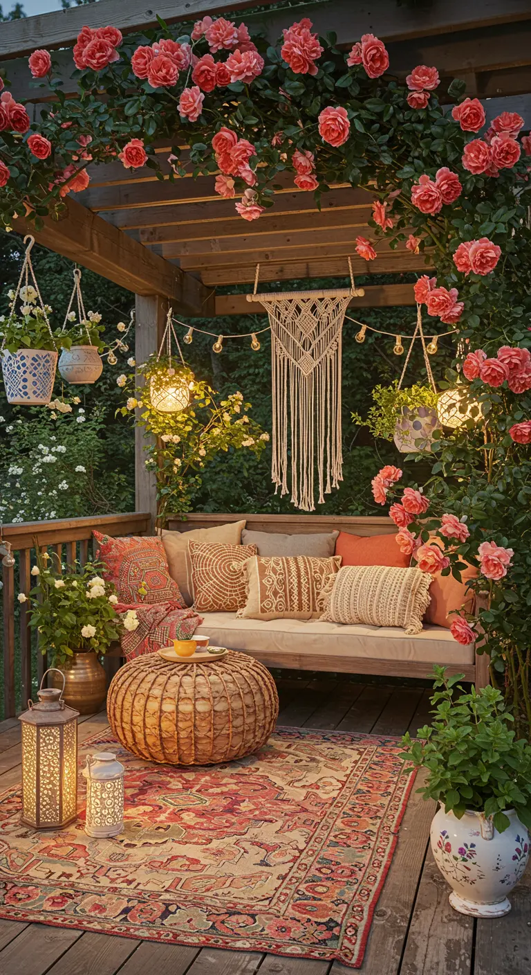 Porche bohemio con un sofá colgante, cojines étnicos, macramé y rosas rosadas trepadoras.