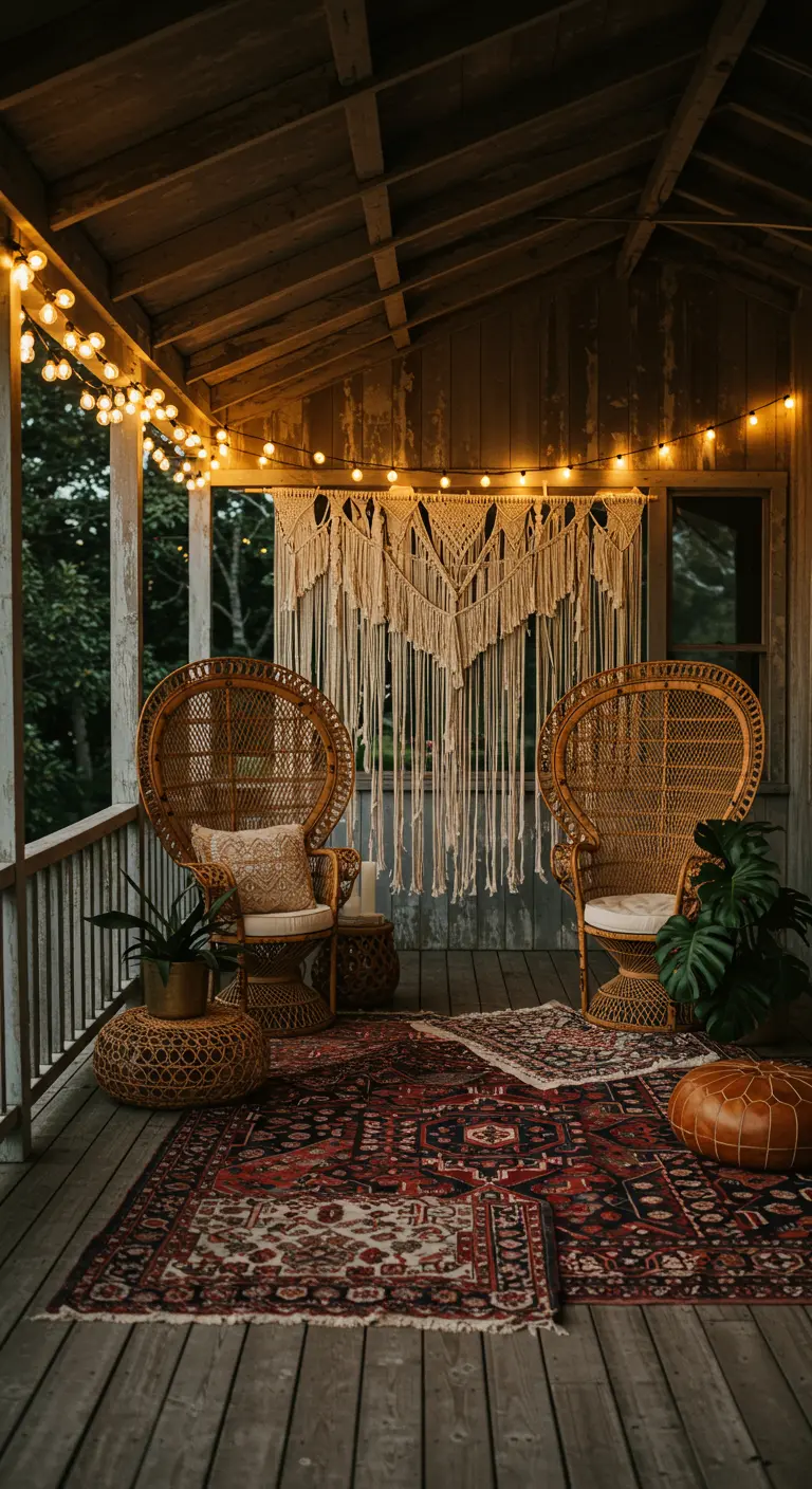 Porche de madera decorado con estilo boho, con sillas de mimbre, alfombras, macramé y guirnaldas de luces.