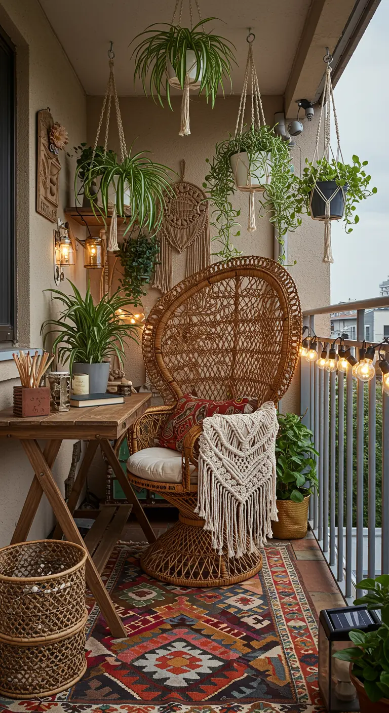 Balcón bohemio con silla pavo real, plantas colgantes en macramé y alfombra étnica