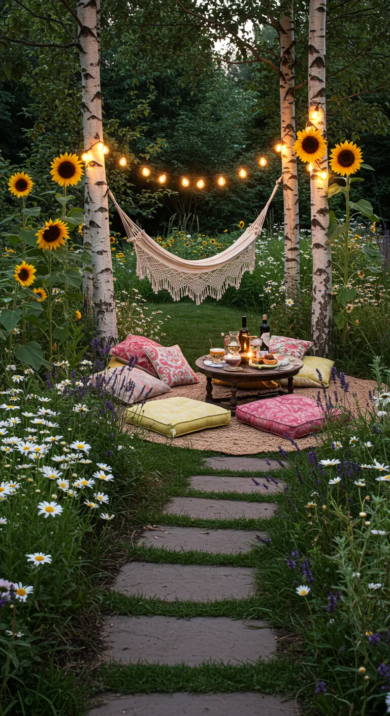 Escena de picnic bohemio con hamaca de macramé, cojines y luces entre árboles y girasoles.
