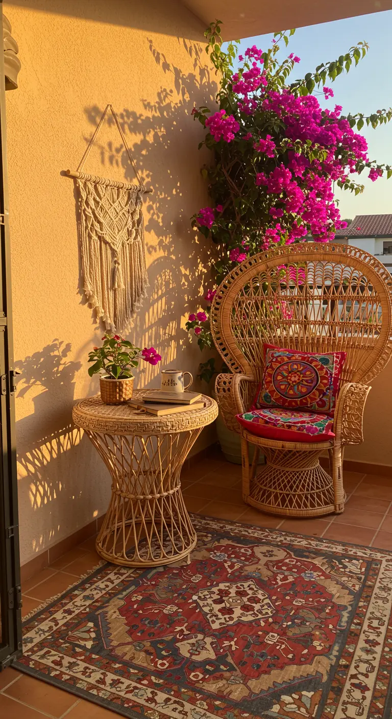 Rincón de trabajo bohemio en un balcón con silla de ratán y tapiz de macramé.