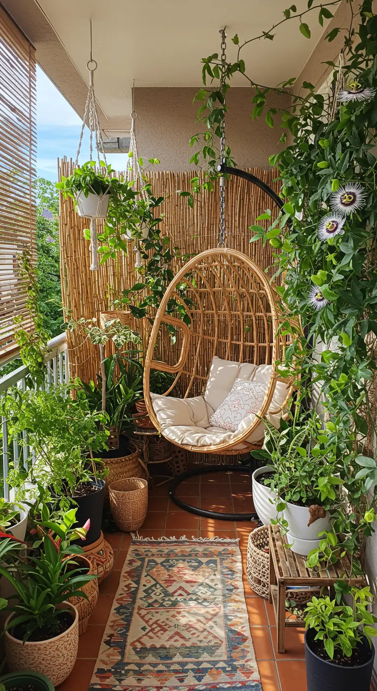 Balcón bohemio lleno de plantas, con una silla colgante de mimbre y una alfombra étnica.