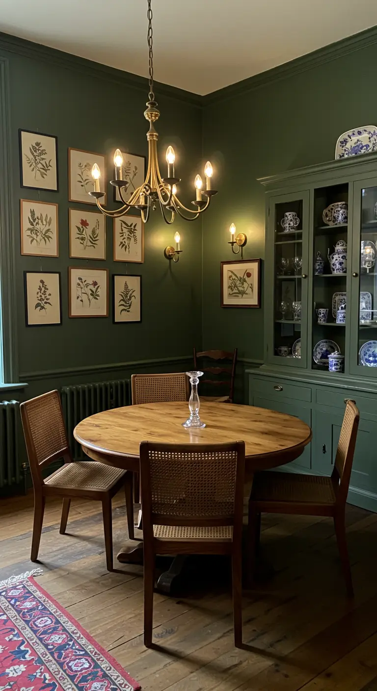 Comedor íntimo con paredes verde oscuro, una galería de láminas botánicas y lámparas de latón.