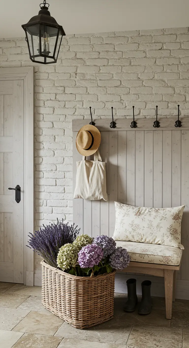 Banco de madera con percheros en una pared de ladrillo blanco, con una cesta de mimbre con flores.