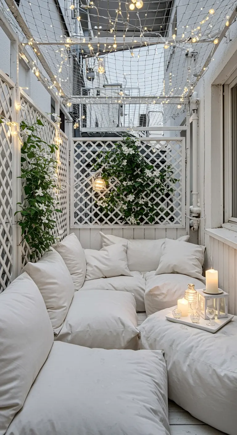 Patio pequeño y acogedor con celosías blancas, cojines en el suelo y un techo de luces.