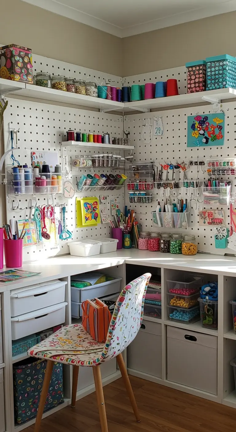 Rincón de manualidades con paneles perforados blancos llenos de hilos, tijeras y pinturas.