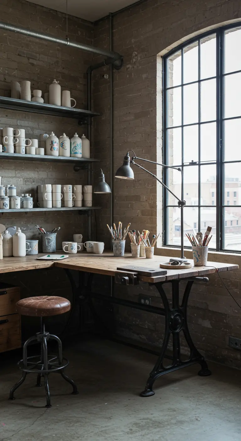 Estudio de cerámica en un loft industrial con estanterías metálicas y escritorio de madera.