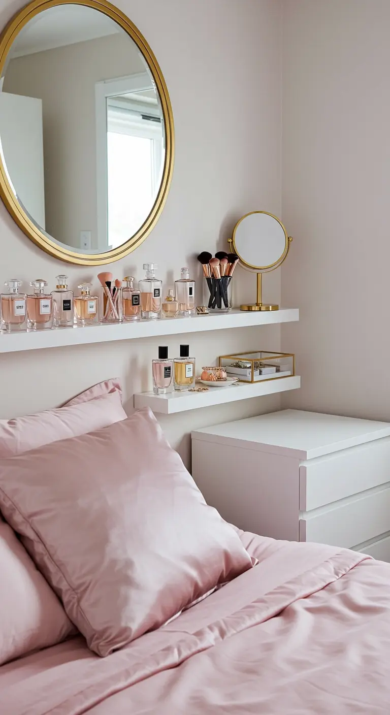 Estanterías flotantes blancas escalonadas usadas como tocador para perfumes y maquillaje.