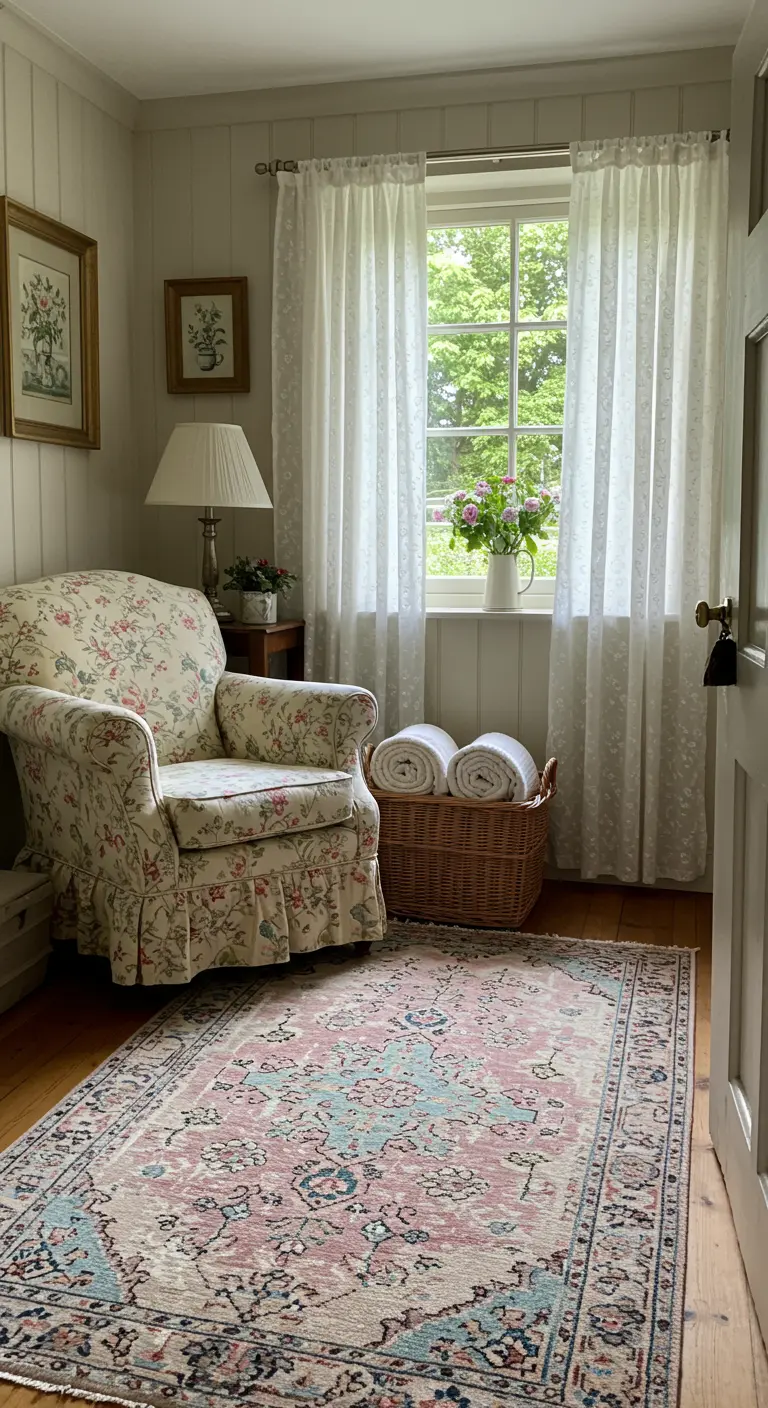 Rincón acogedor con una butaca de flores, cesta de mimbre y una alfombra de estilo persa.