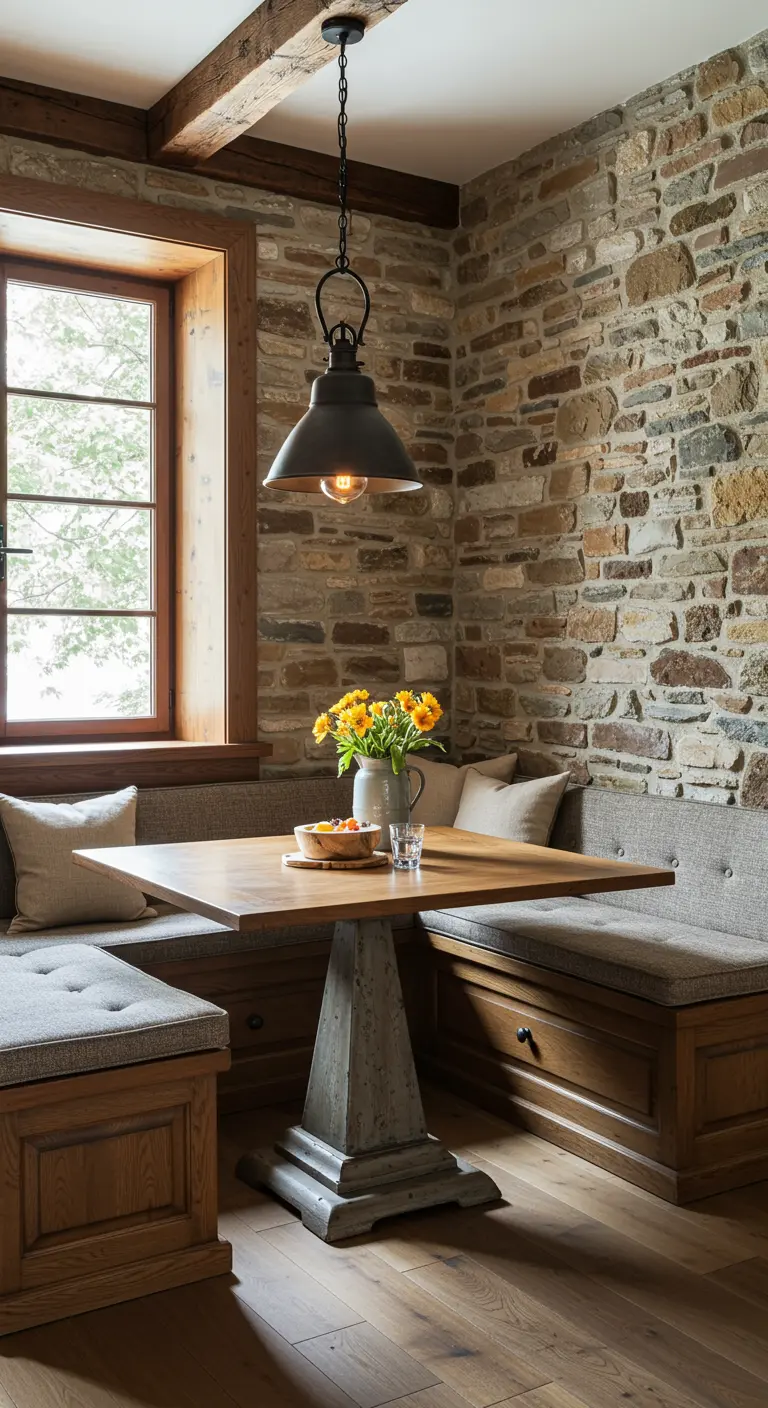 Rincón de comedor con banco en L, pared de piedra y una pequeña lámpara colgante industrial