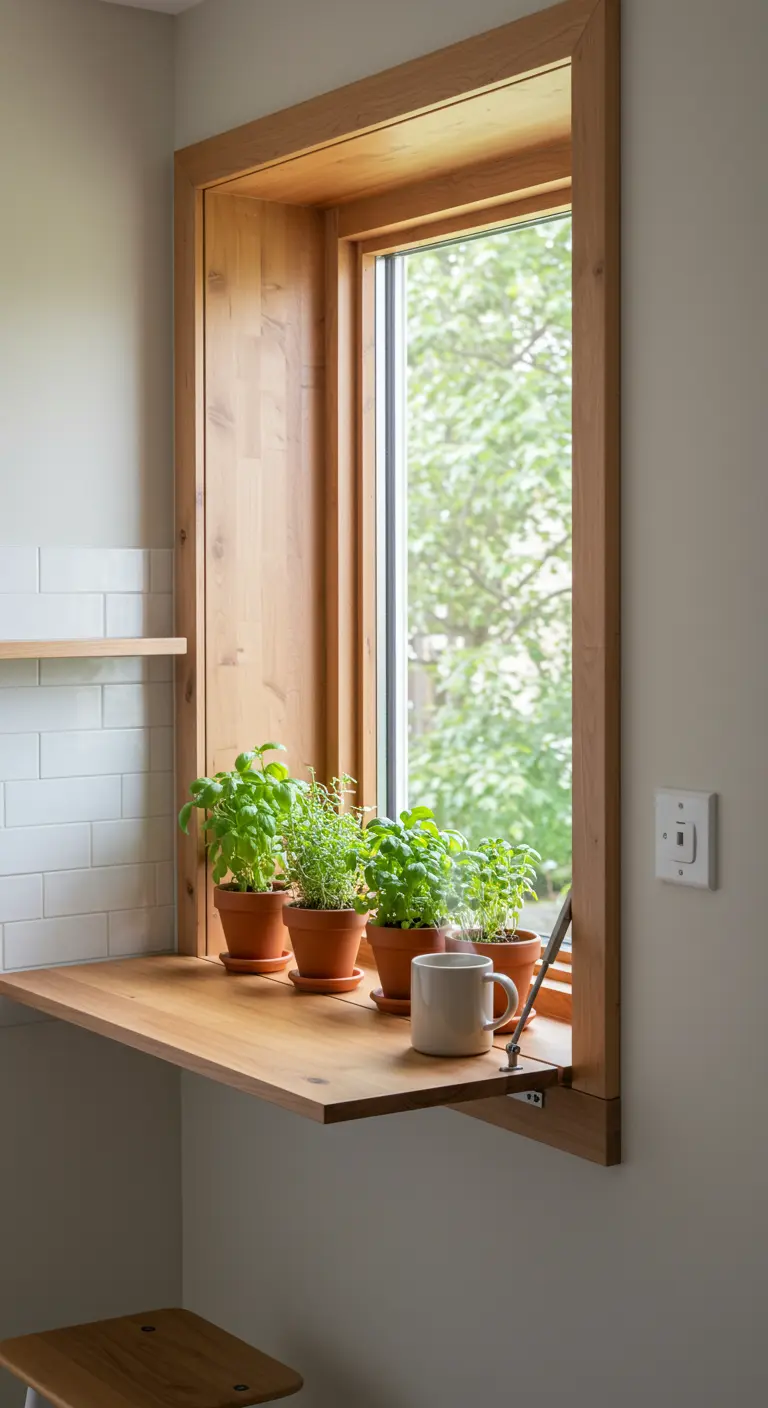 Balda de madera abatible instalada bajo una ventana, con pequeñas macetas y una taza