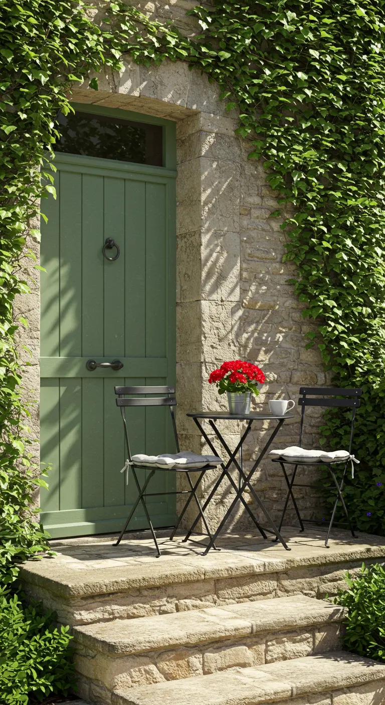 Mesa y sillas de bistró negras junto a una puerta verde salvia en una casa cubierta de hiedra