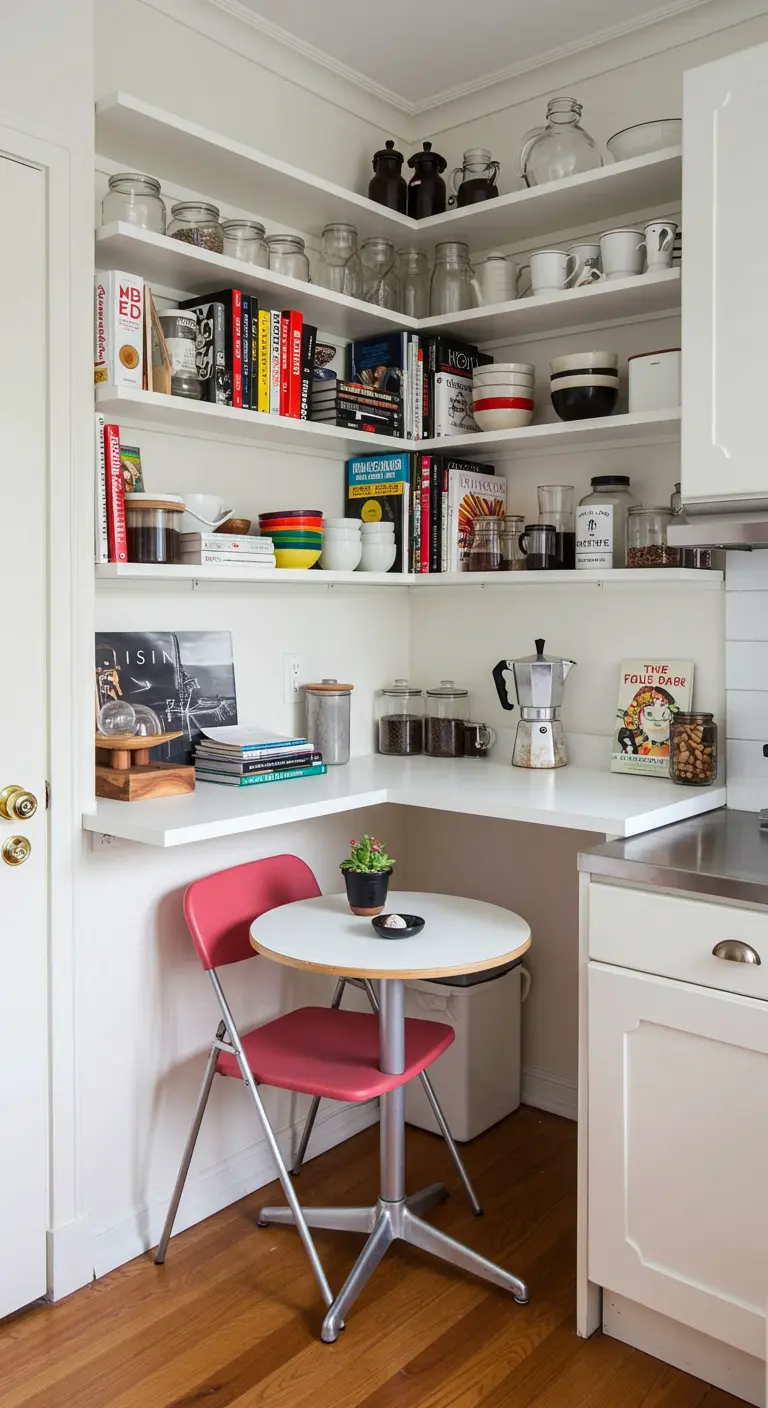 Esquina de cocina blanca con estanterías flotantes, libros de cocina y una pequeña mesa de desayuno.