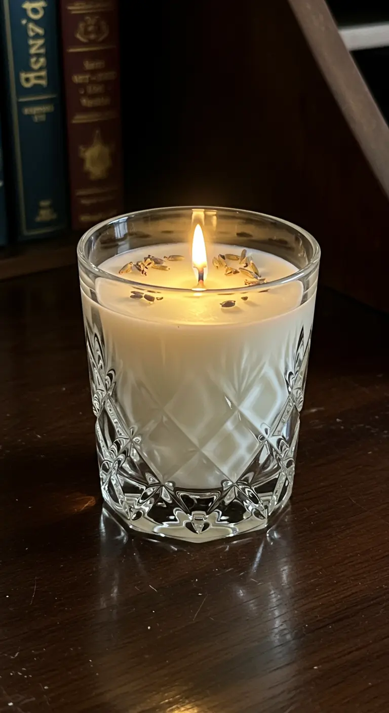 Vela casera en vaso de whisky tallado con lavanda seca en la superficie