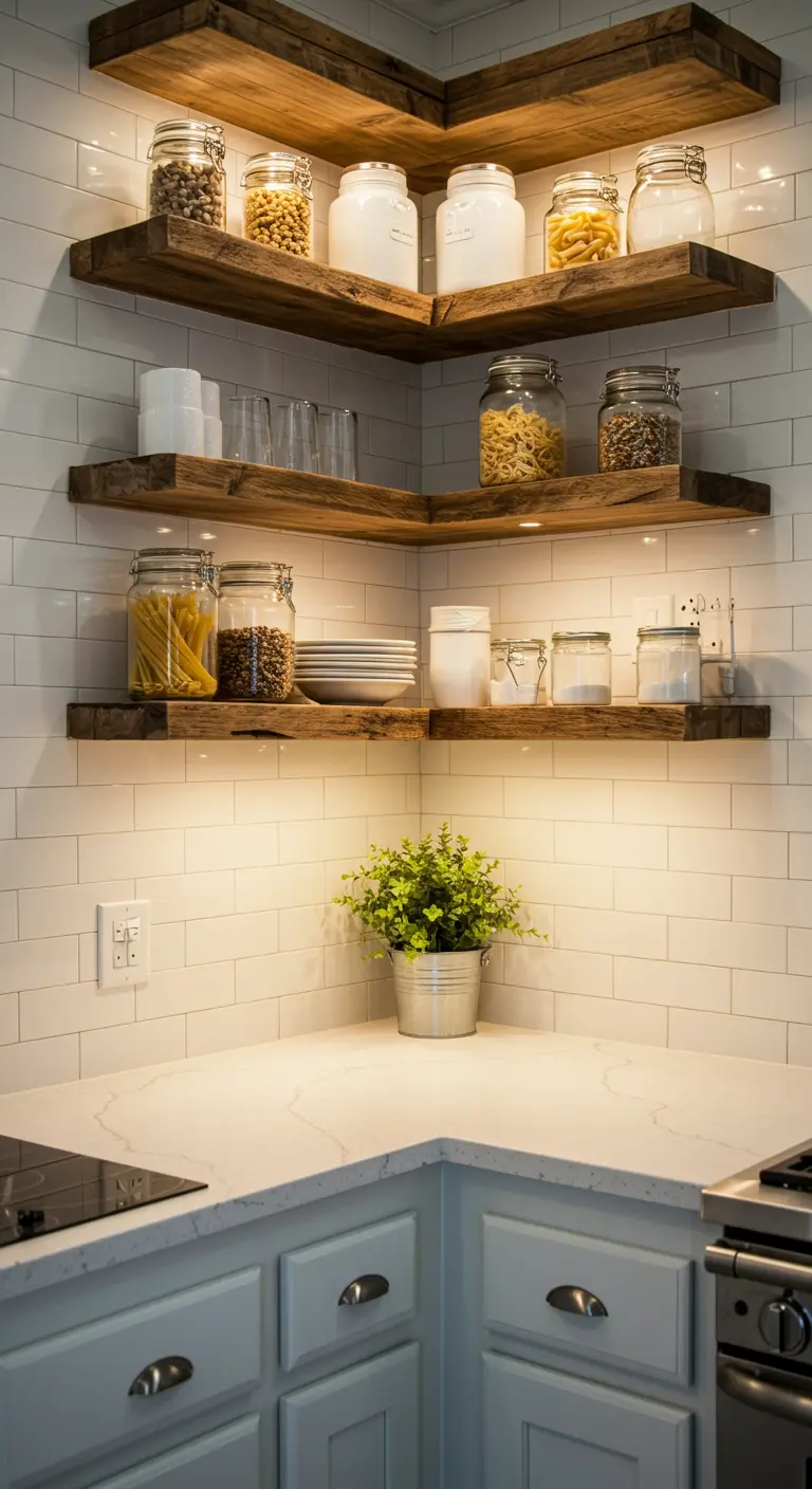 Estanterías flotantes de madera rústica en una esquina de cocina con azulejos blancos