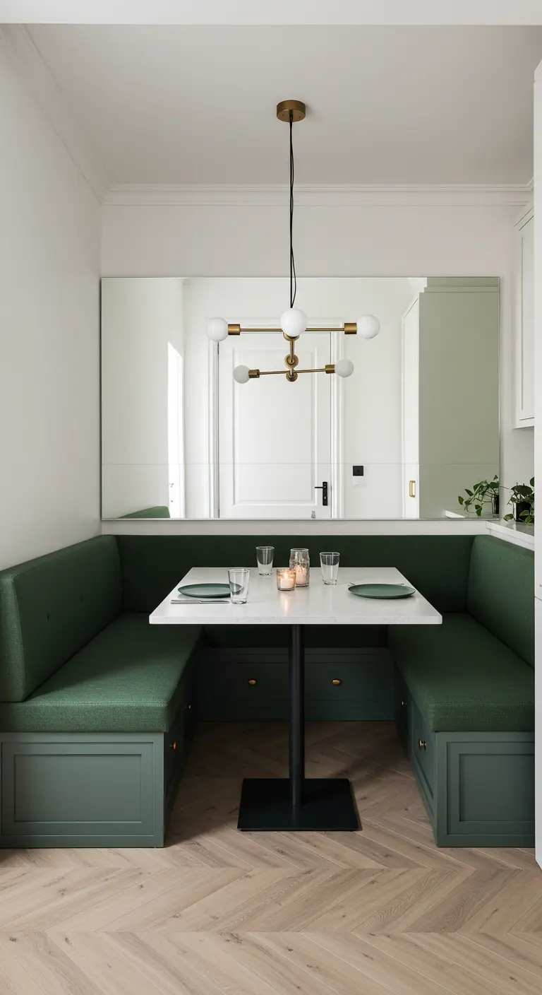 Banqueta de comedor verde con un gran espejo sin marco en la pared trasera