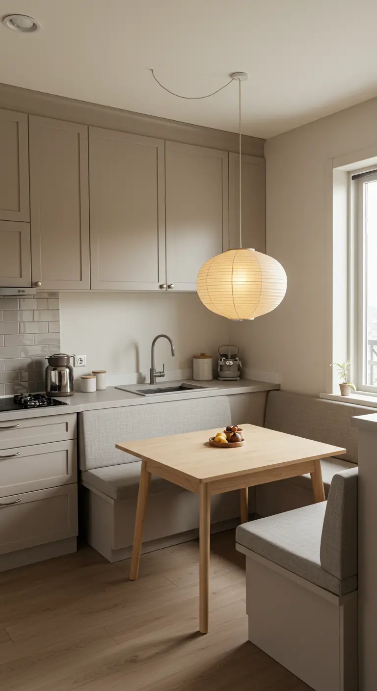 Pequeña cocina con un comedor integrado con bancos y una lámpara de papel colgante