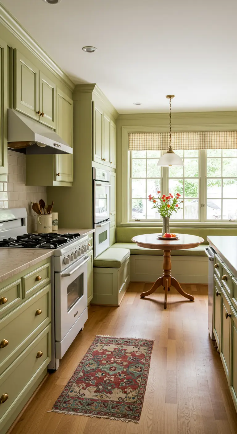 Rincón de desayuno con banco empotrado y gabinetes en verde oliva claro.