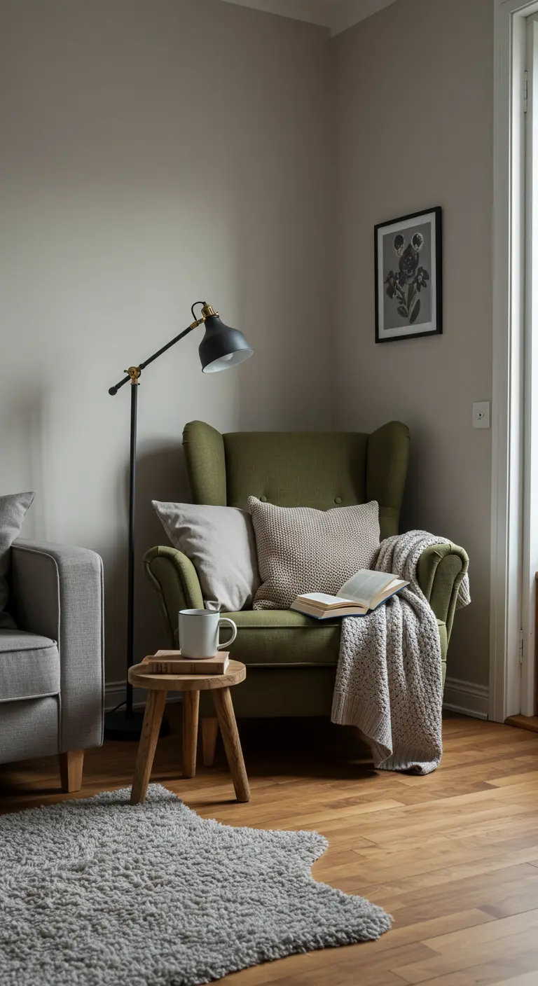 Rincón de lectura con un sillón verde olivo, manta de lana y lámpara de pie.