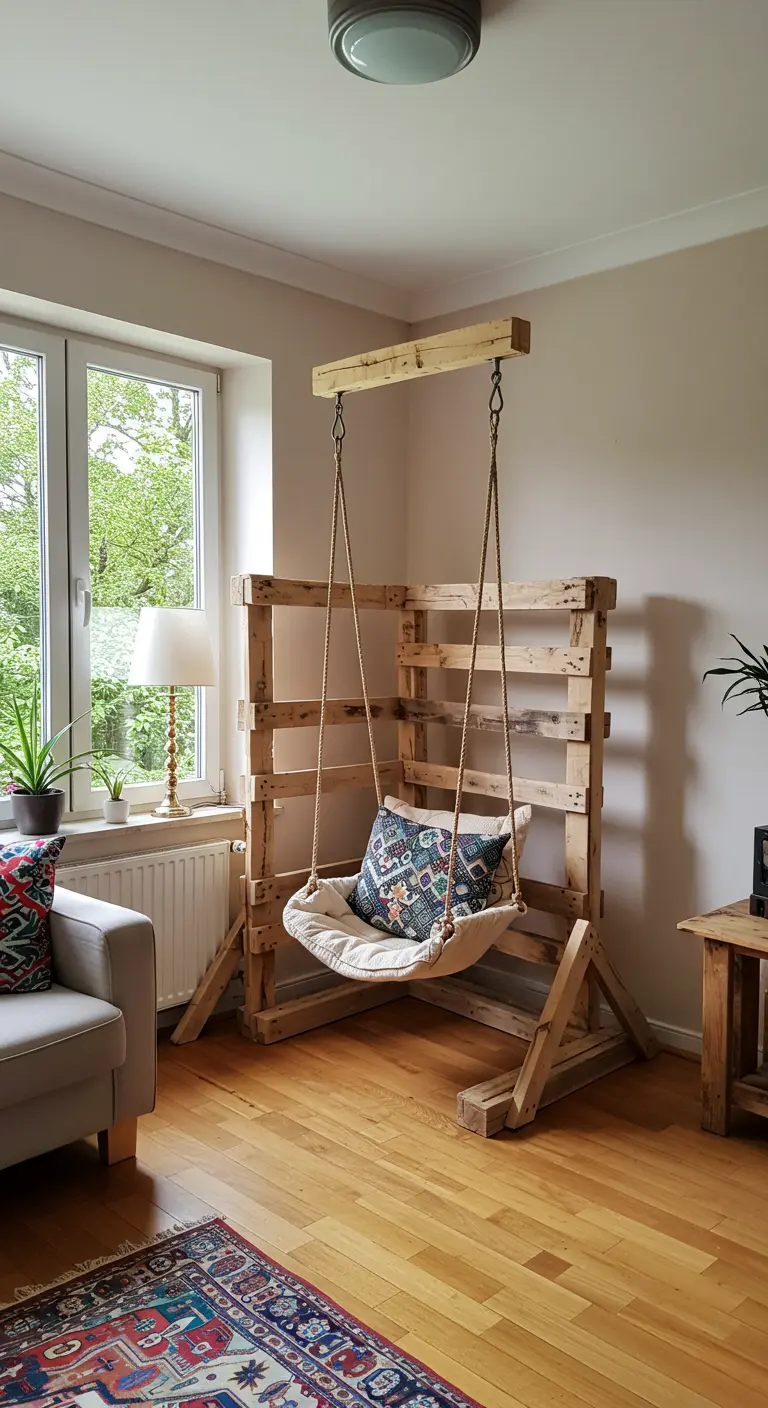 Estructura de madera de pallet en una esquina que sostiene una silla columpio de tela.