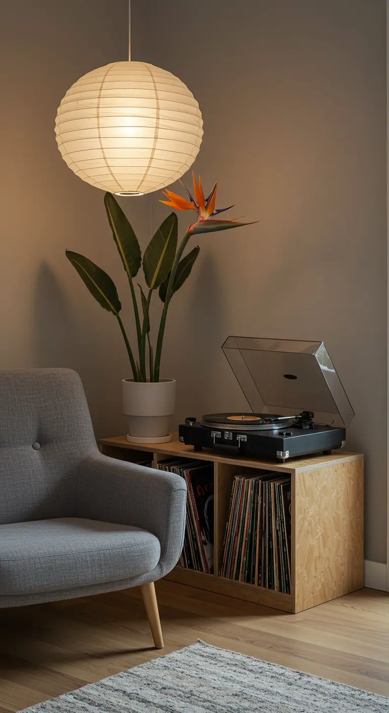 Rincón de música con tocadiscos sobre mueble de madera, sillón gris y lámpara de papel.
