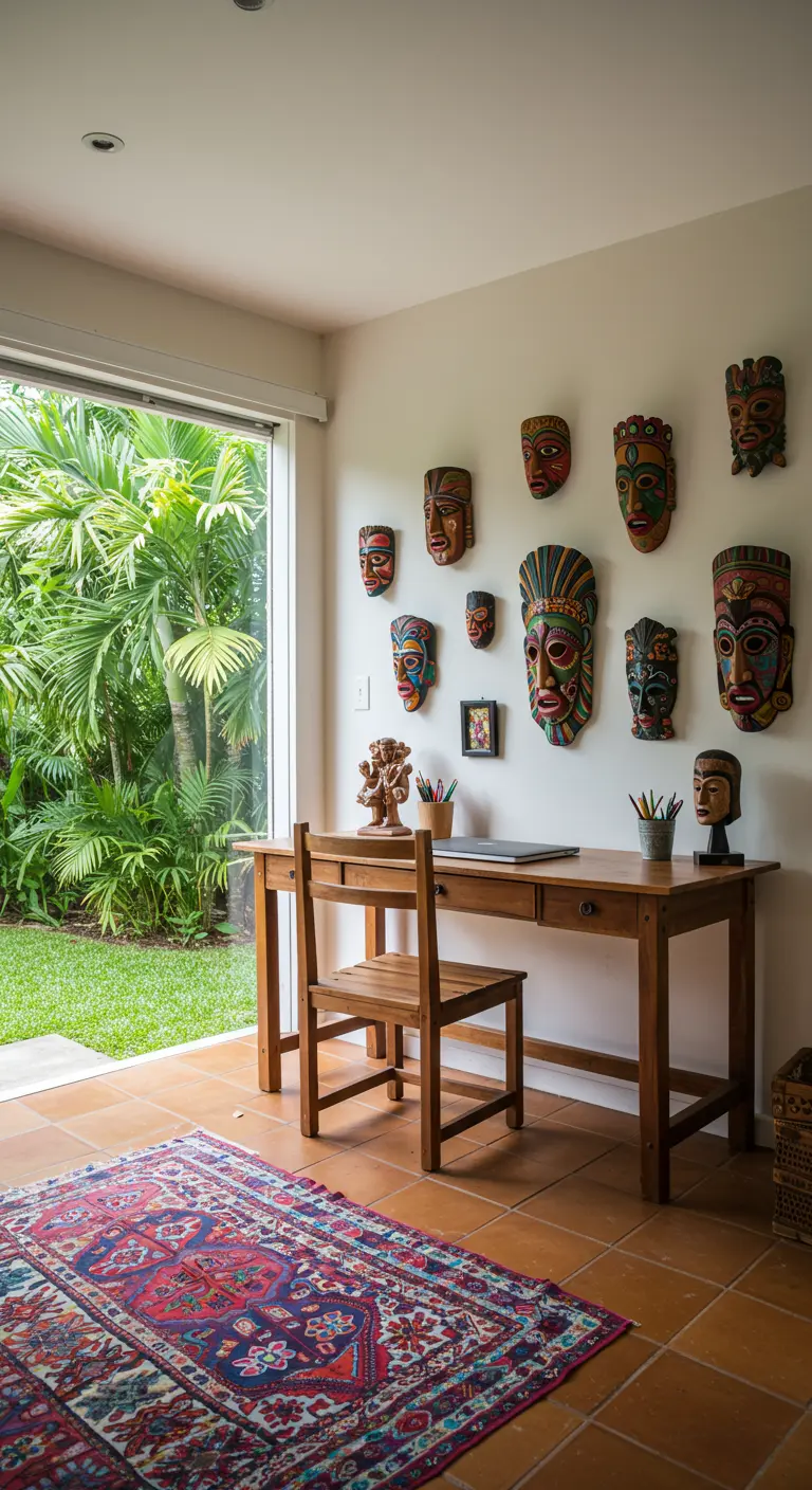 Zona de estudio con escritorio de madera y una pared decorada con una colección de máscaras étnicas.