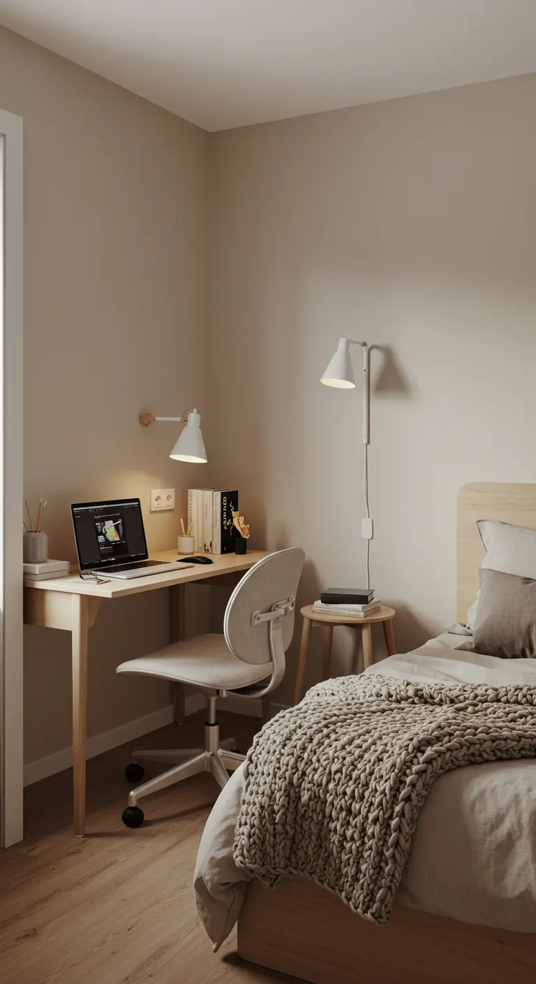 Escritorio de madera junto a una cama, con lámparas de pared y decoración minimalista.