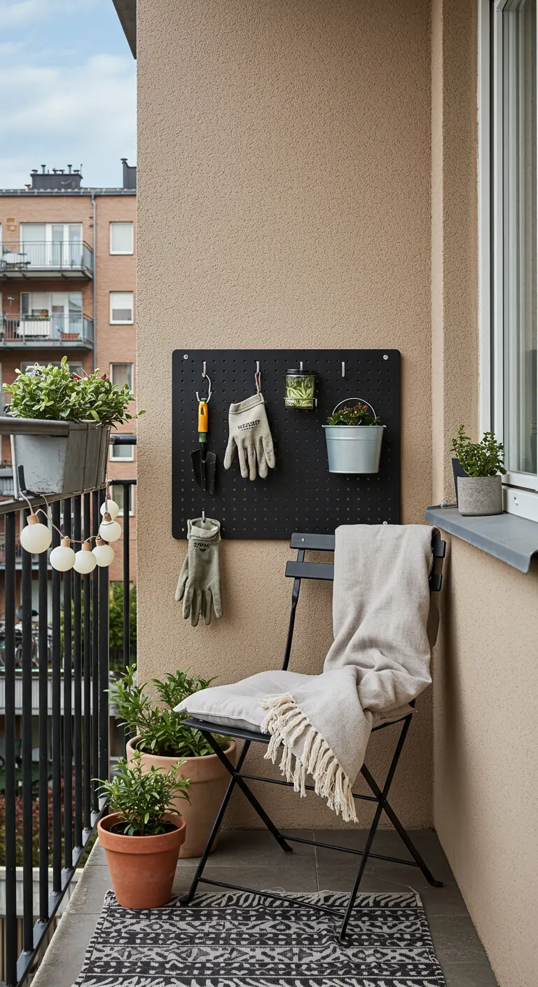 Tablero perforado negro en un balcón con herramientas de jardinería colgadas.
