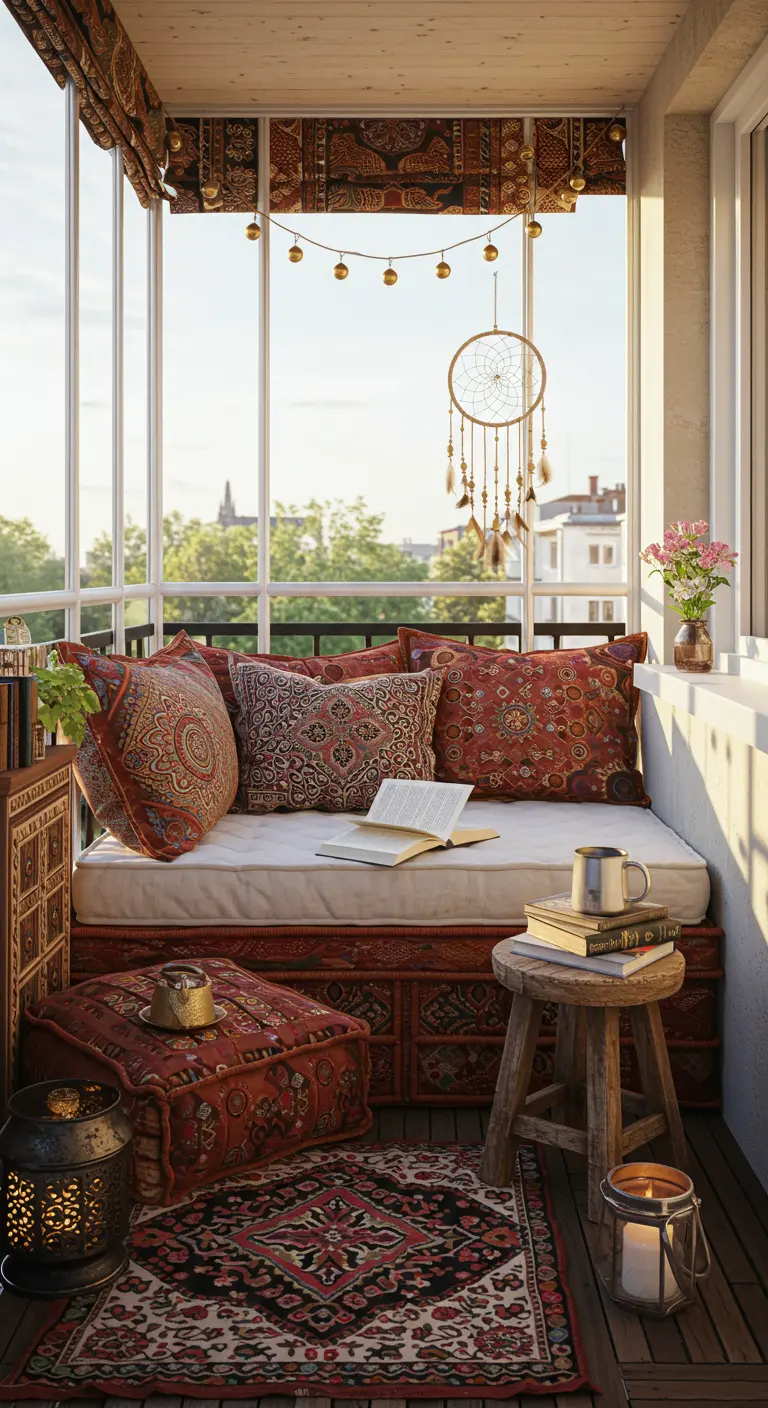 Balcón cerrado convertido en un acogedor rincón de lectura con diván, cojines paisley y un atrapasueños.