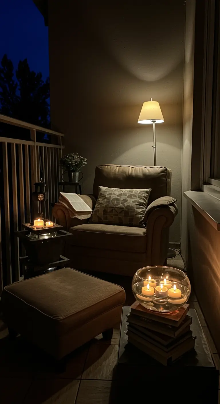 Rincón de lectura nocturno en un balcón con un sillón, una lámpara y un bol de cristal con velas flotantes