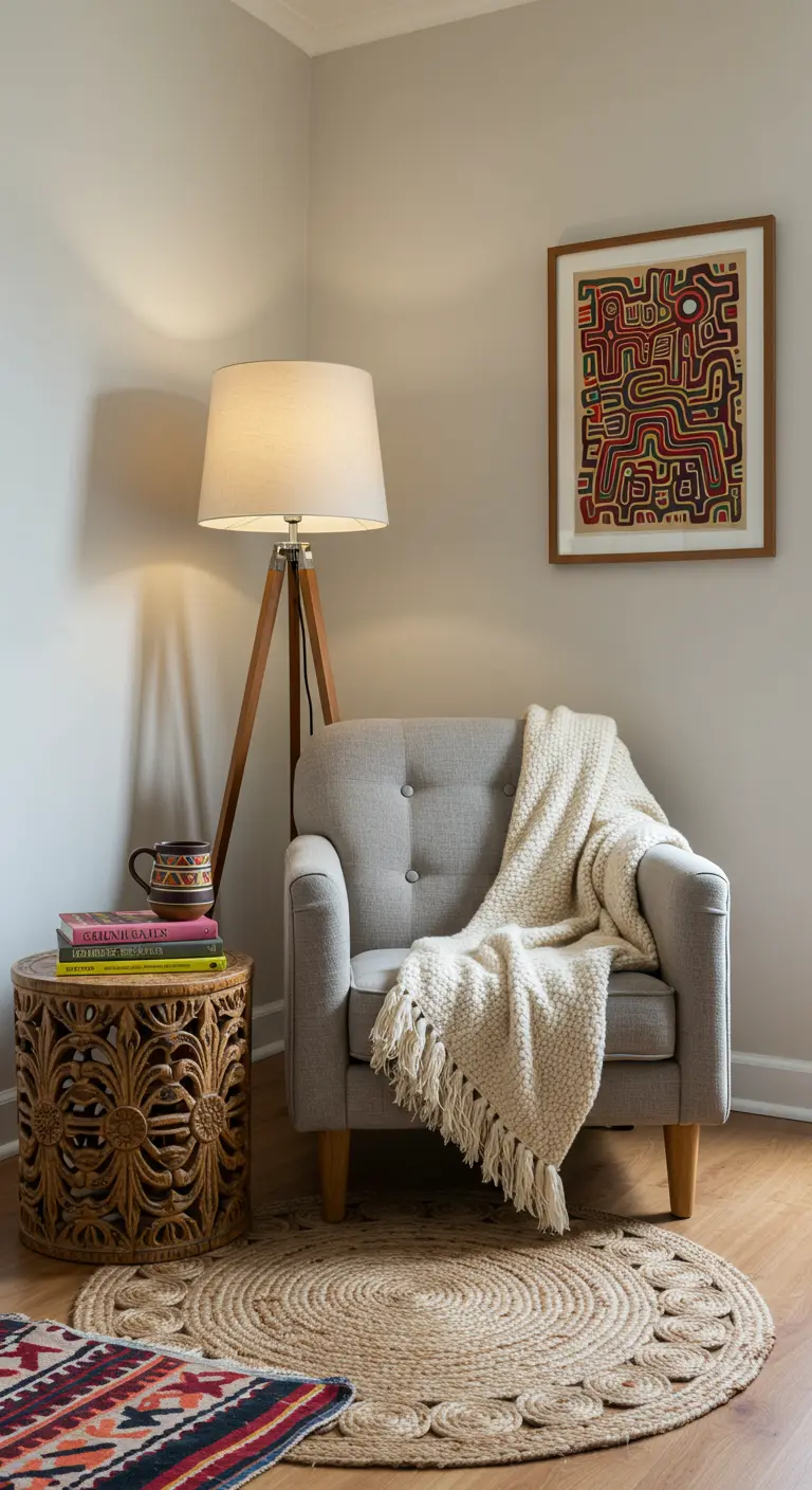 Rincón de lectura con sillón gris, manta de lana, mesa auxiliar tallada y un cuadro de arte mola.