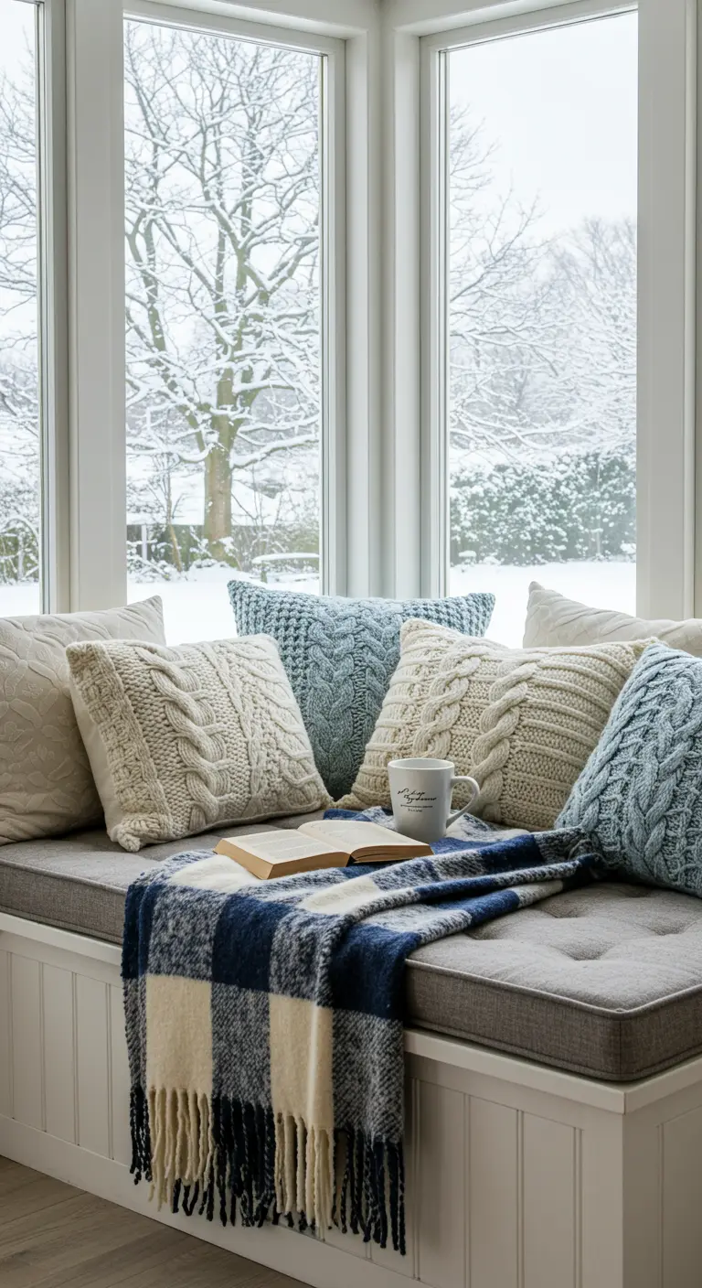 Rincón de lectura junto a ventana nevada con cojines de punto y manta de cuadros.