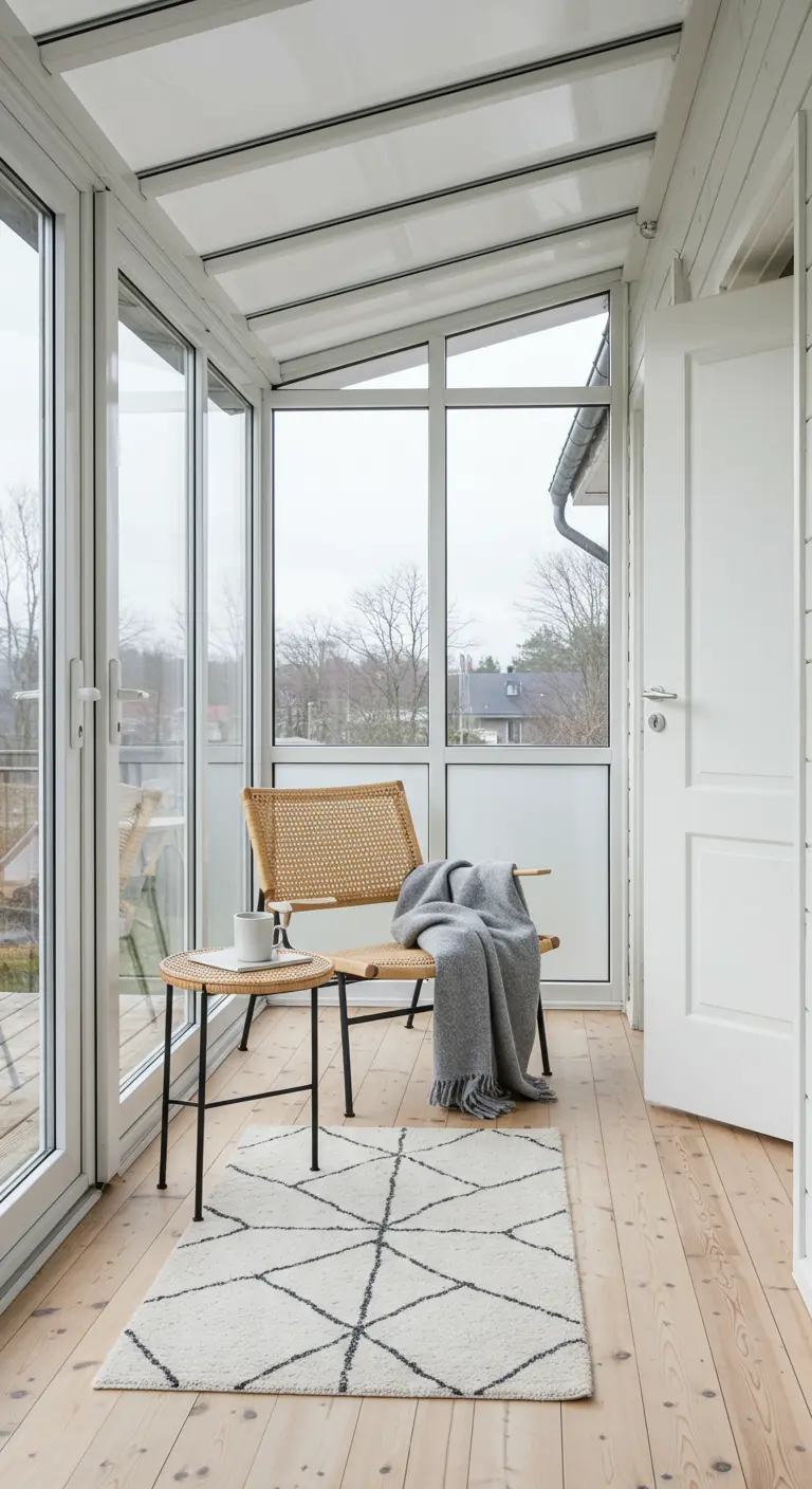 Galería acristalada con silla de caña y rejilla, mesita auxiliar y alfombra geométrica.