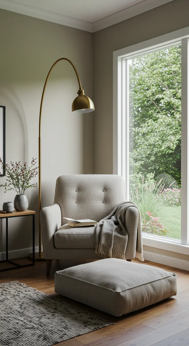 Sillón gris claro junto a una ventana con una manta y un cojín de suelo.