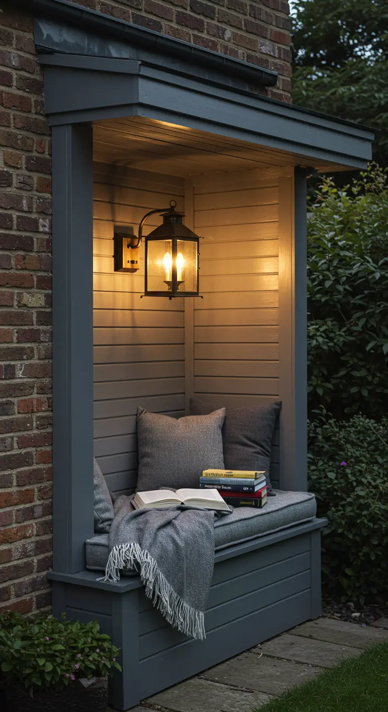 Rincón de lectura exterior empotrado, pintado de gris, con un aplique-farol y una manta.