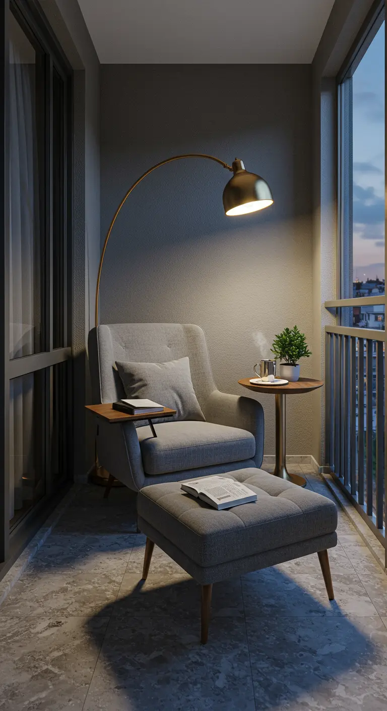Balcón estrecho convertido en rincón de lectura con un sillón gris, reposapiés y lámpara dorada.