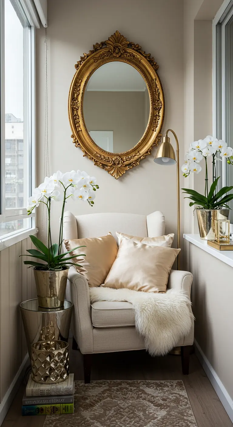 Rincón de lectura en balcón acristalado con sillón beige, espejo ovalado dorado y orquídeas blancas.