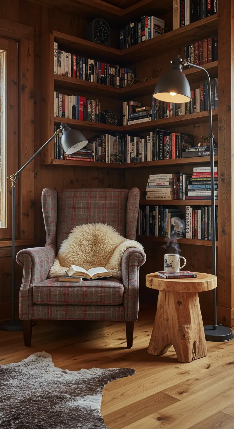 Rincón de lectura acogedor con sillón de tartán, manta de piel de oveja y estanterías.