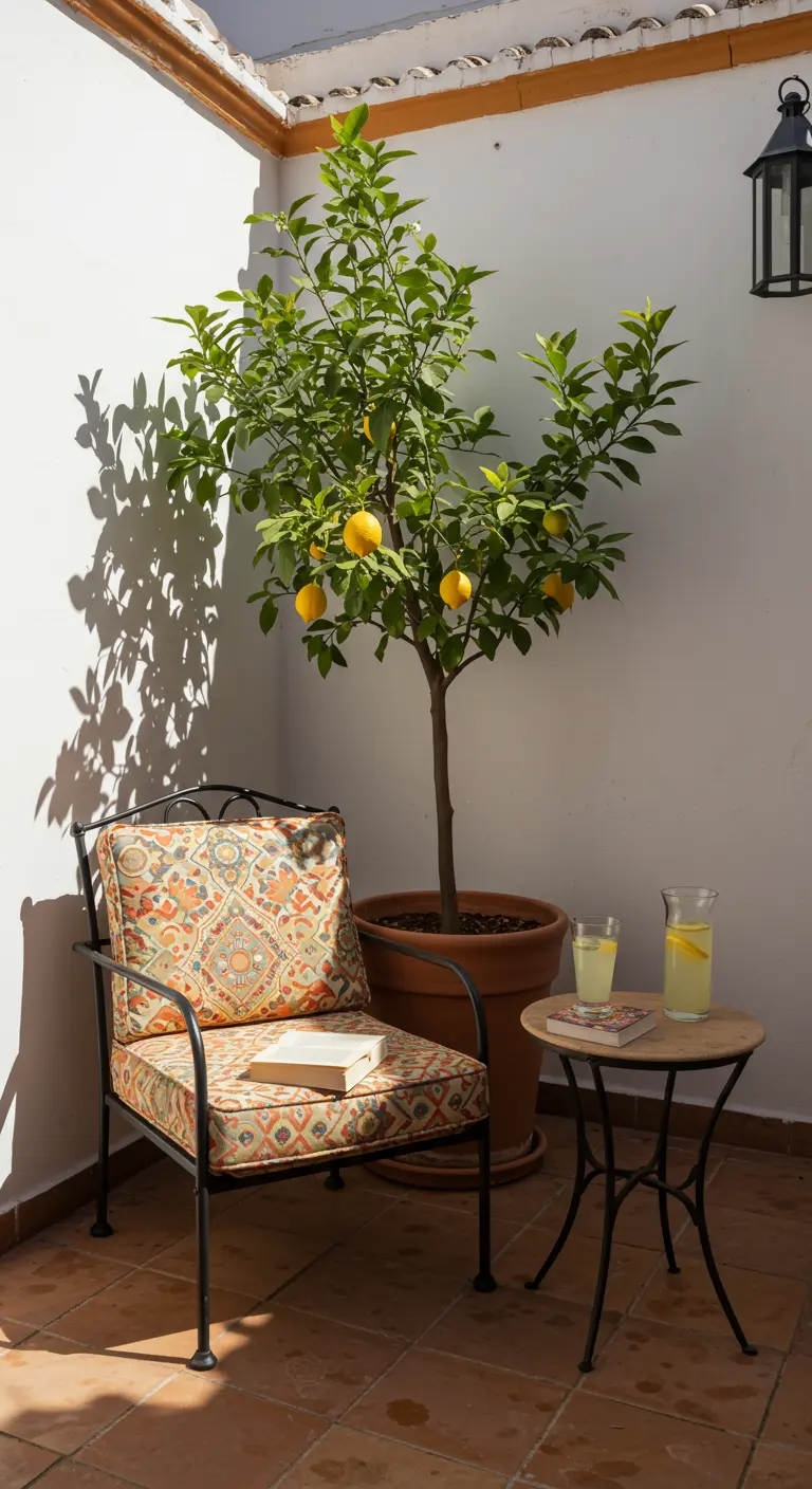 Rincón de lectura en un patio con un limonero en maceta y una silla de forja